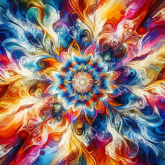 Bright, colorful abstract floral pattern with petals made up of intricate swirls and curves that extend outward. A dynamic range of colors, including blue, red, orange, yellow and purple. AI 