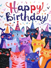 Hand drawn happy birthday card with funny cats with birthday cap and lettering Happy Birthday. Vector illustration. 