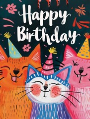 Hand drawn happy birthday card with funny cats with birthday cap and lettering Happy Birthday. Vector illustration. 