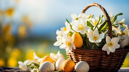 Easter basket with crocus flowers and easter eggs on nature background. Greeting card on an Easter...