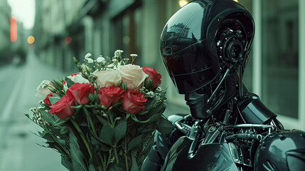 Humanoid with flowers composition, cinematic shot, Generative AI