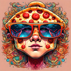 portrait cartoon caricature of a male wearing sunglasses, in the style of extreme Surrealism. pizza sub theme, suitable for an album cover