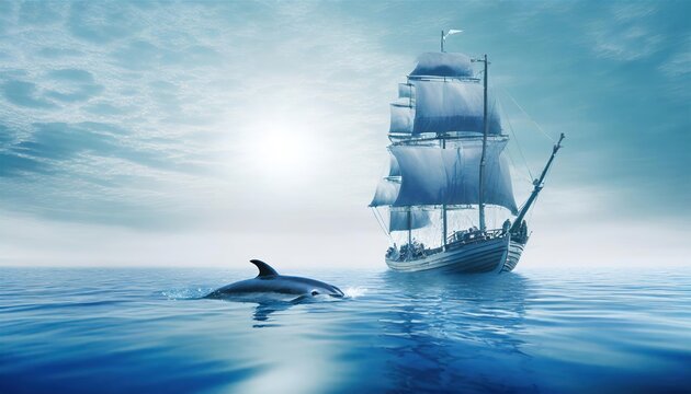 Artificial intelligence created the sky image together with the underwater image of dolphins swimming under the sailing ship in the calm sea.