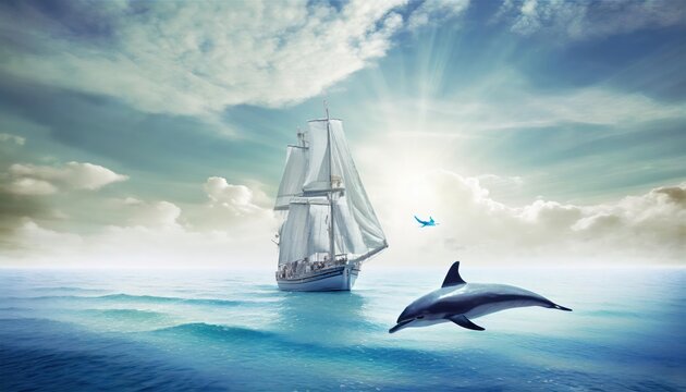 Artificial intelligence created the sky image together with the underwater image of dolphins swimming under the sailing ship in the calm sea.