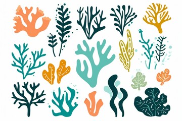 Set of vector watercolor seaweed and corals isolated on white. Sea theme, design element, decoration of water entertainment places, parks, beaches. - obrazy, fototapety, plakaty