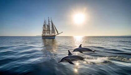 Obraz premium Artificial intelligence created the sky image together with the underwater image of dolphins swimming under the sailing ship in the calm sea.