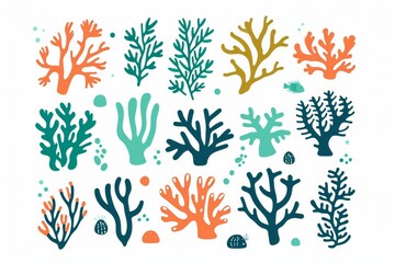 Set of vector watercolor seaweed and corals isolated on white. Sea theme, design element, decoration of water entertainment places, parks, beaches.