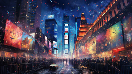 New Year's Eve in Times Square, New York, colorful neon lights, countdown crowd, fisheye photography, sketch, - obrazy, fototapety, plakaty