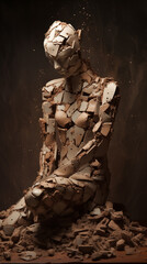3D rendering of a female robot sitting. A female figure made of clay fragments. Conceptual image. 