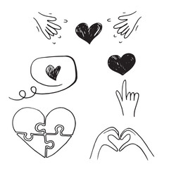 St.Valentine Day set of elements, clipart, stickers. Hands and hearts line art. Hand drawn vectors. Message, point finger. Doodle hand drawn illustration