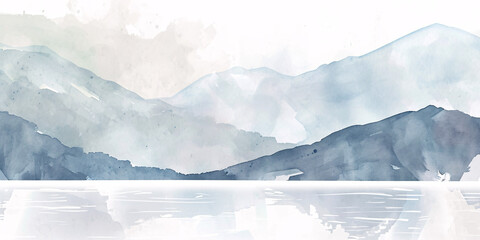 Serene watercolor mountain landscape with calm lake. Artistic nature scenery illustration. Design for relaxation and meditation content, tranquil wall art, and picturesque greeting cards
