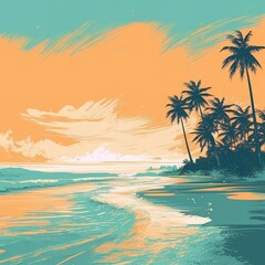Fototapeta na wymiar Drawing Minimal Tropical Beach Background - Retro Vibes