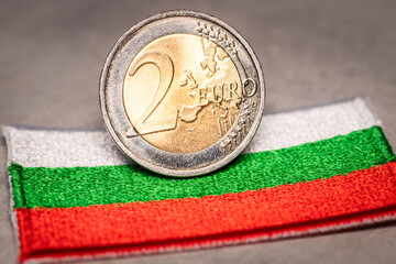 Bulgaria euro, Bulgarians joining the euro zone, Financial concept, Bulgarian flag and 2 euro coin,...