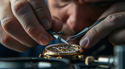 Artisanal watchmaker repairing a luxury timepiece. Close-up photography. Design for skilled craftsmanship, horological art, and precision mechanics concept
 - obrazy, fototapety, plakaty