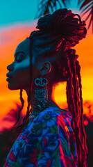Portrait of Afro American woman with dreadlocks, Afro-Colombian reggae summer theme, sunset with...