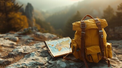 A classic yellow backpack with retro flair, beside an open map of Europe, against a backdrop of a blurred mountain range