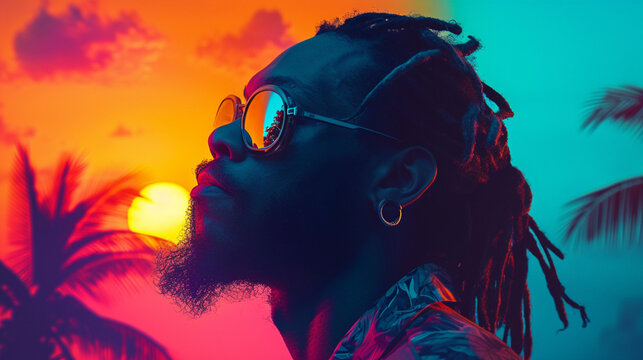 Afro American man with dreadlocks wearing sunglasses, Afro-Colombian reggae theme, sunset with neon lights, orange and blue. Double lightning. 