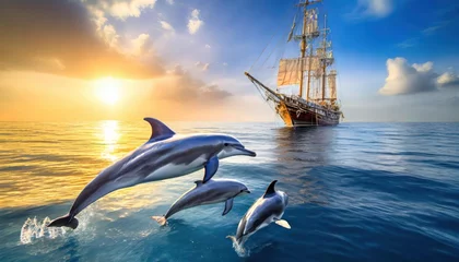 Poster Artificial intelligence created the sky image together with the underwater image of dolphins swimming under the sailing ship in the calm sea. © blackdiamond67