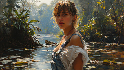 Barefoot young woman walking in swamp