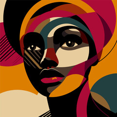minimalist Black History Month abstract portrait of a celebrates the beauty and strength of a black woman, graphic shapes, vibrant African colors