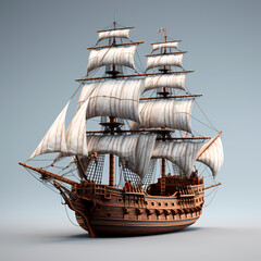 ancient wooden ship with white sails.