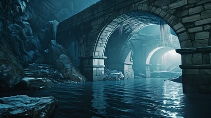 A cool, white LED light under the water, illuminating the stone bridge with a clean, crisp light,...