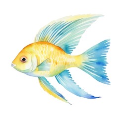 A yellow and blue fish with a white background.