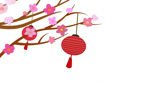 Chinese New Year background. Red lanterns hanging on blooming cherry tree and swaying in the wind. Oriental lunar calendar. Pink blossom loop. 2d cartoony animation. Animated cartoon. Film grain pixel