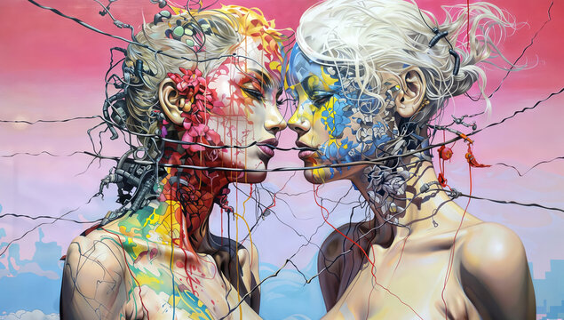 Digital painting of a pair of lovers kissing each other in front of a colorful background