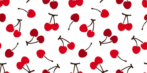 Seamless pattern with cherry hearts on a branch. Abstract simple print with romantic berries. Vector graphics. - obrazy, fototapety, plakaty