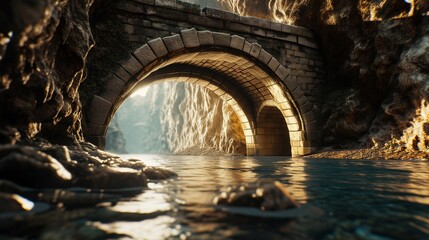 A cool, white LED light under the water, illuminating the stone bridge with a clean, crisp light,...