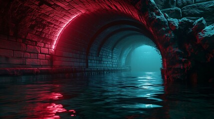 A deep red LED light from underwater, giving the stone bridge a mysterious and dramatic look, with the light creating a sharp contrast against the dark waters.