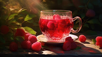Hot fruit tea with raspberries in glass cups on a wooden table. A healthy hot drink. Alternative medicine. A decoction of raspberries rich in vitamins.