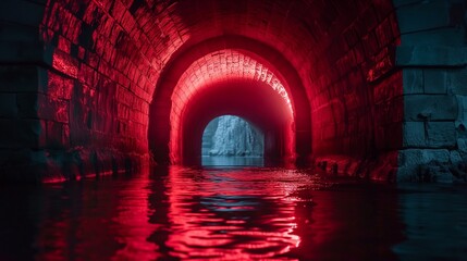 A deep red LED light from underwater, giving the stone bridge a mysterious and dramatic look, with...