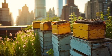 Beehives on urban rooftop with city skyline at sunset. Urban beekeeping and green living concept. Design for environmental awareness, sustainable city life, and agriculture
 - obrazy, fototapety, plakaty