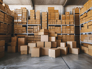 Cardboard boxes in a warehouse, stacked on shelves and floor. Storage, logistics, and distribution concept. Design for supply chain, inventory management, and distribution center themes

