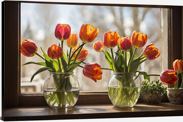 tulips in a vase in front of a kitchen window