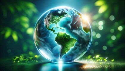 Fototapeta na wymiar The earth as a glass sphere in a green environment 