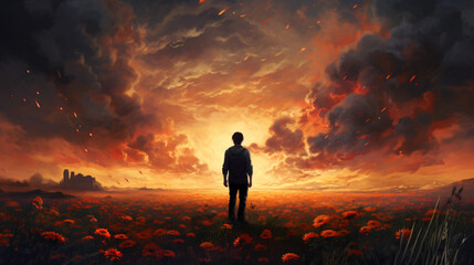 A man standing on a field of flowers in sunset