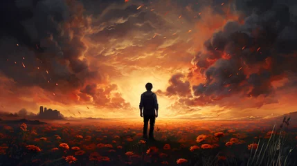  A man standing on a field of flowers in sunset © enshal