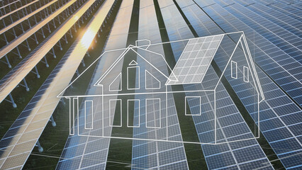 Architectural drawing blueprint of family house with solar panels on roof and green energy...