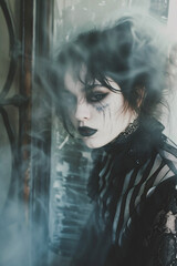 Gothic woman with smoky makeup in a mysterious atmosphere. Dark aesthetic and alternative fashion concept. Design for print, poster. Dramatic portrait with a moody vibe
