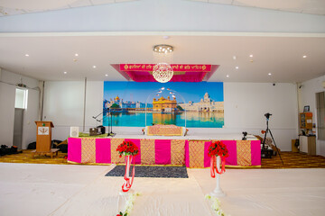 Indian Punjabi Sikh gurudwara temple interiors and ritual items