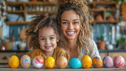 Fototapeta premium Mother and her daughter painting eggs. Happy family preparing for Easter