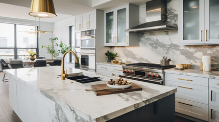 A stylish kitchen in Chicago with gold hardware