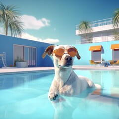  Illustration of Dog on Vacation at Swimming Pool - obrazy, fototapety, plakaty