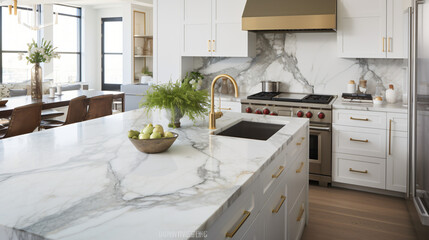 A stylish kitchen in Chicago with gold hardware
