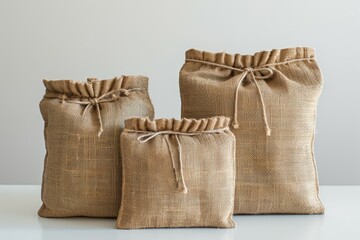 Agricultural hessian cloth sacks, rough sack material and linen fabric textile concept with pile of three brown burlap or sackcloth bags