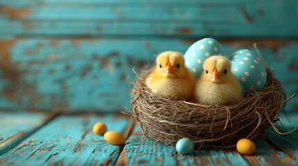 Blue, yellow, white eggs in the nest and yellow chicks on a blue wooden background.