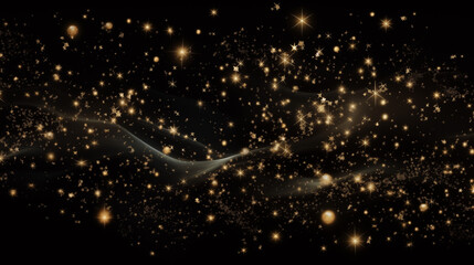 Obraz na płótnie Canvas Particules et étoiles scintillantes et brillantes volant sur fond sombre, noir. Lumière, étoile, paillette dorée et flou. Cosmos, univers, espace. Fond pour bannière, conception et création graphique.